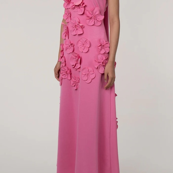 NWOT Womens 3D Flowers Bubblegum Pink Sleeveless Maxi Dress Stretch Jersey LARGE - Picture 5 of 10